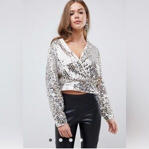 ASOS DESIGN long sleeve batwing sequin wrap top‎ Women’s Size 10